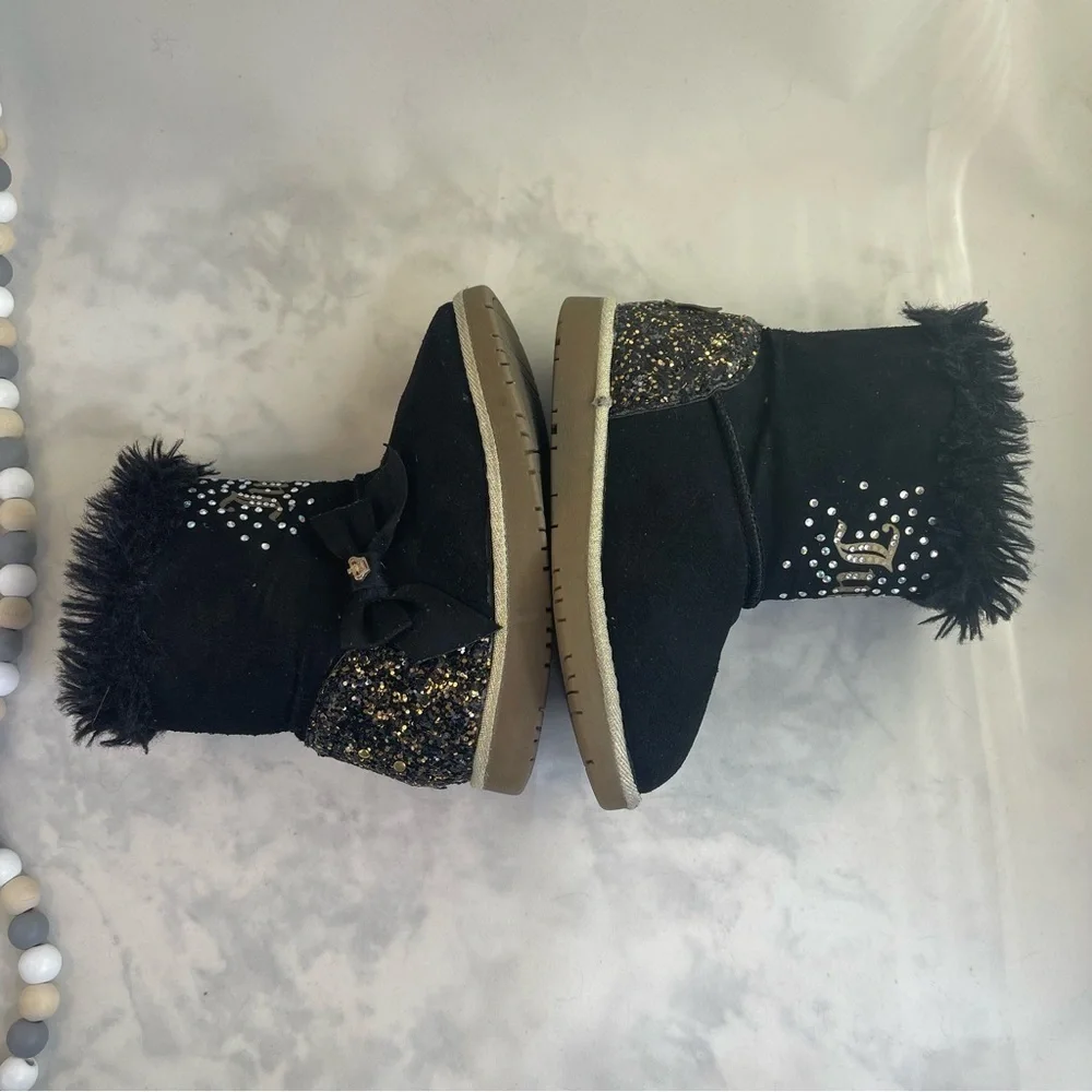 Juicy Couture Toddler Black and Gold Mid-Calf Boots with Faux Fur Trim Size 9
